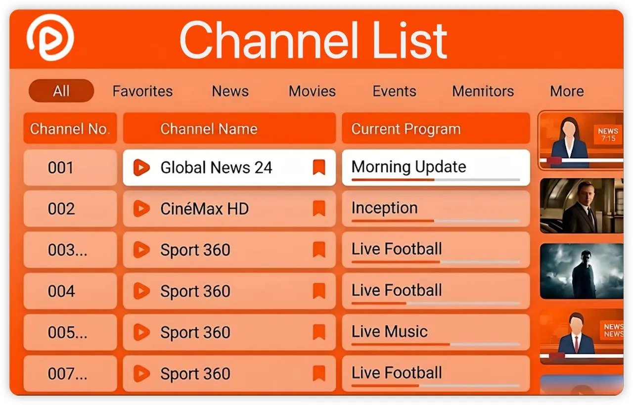 a picture of app show channel list on the top, and some channel in the middle. also a wakatv logo on the left side